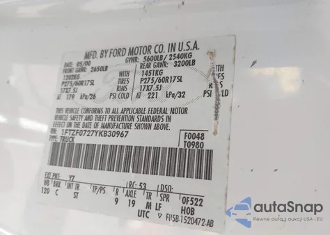 2000 Ford F-150 Xl/Xlt from USA, damaged, VIN 1FTZF0727YKB30967